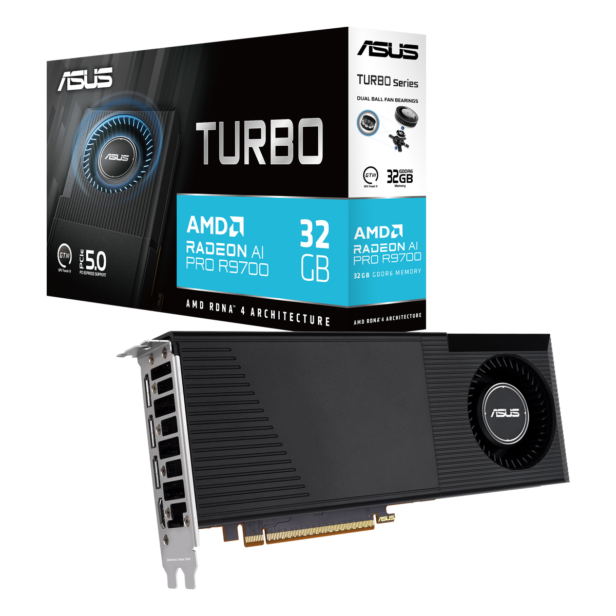 ASUS Turbo Radeon AI PRO R9700 32GB card with its ASUS retail box