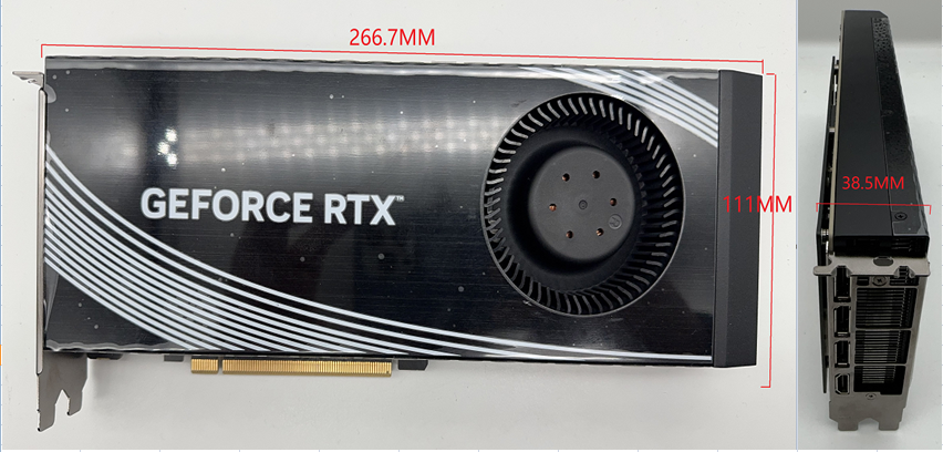 Supplier dimension photograph of the modified RTX 4090 48GB: 266.7mm long, 111mm high and 38.5mm thick