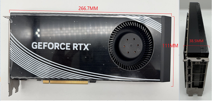 Supplier dimension photograph of the modified RTX 4090 48GB: 266.7mm long, 111mm high and 38.5mm thick