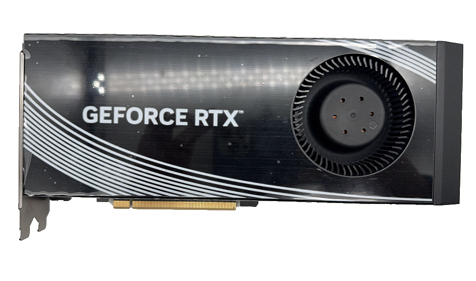 Modified GeForce RTX 4090 48GB, original front photograph showing the radial blower fan and GeForce RTX shroud