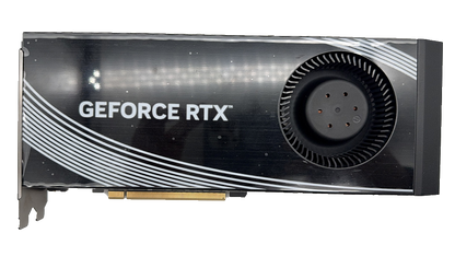 Modified GeForce RTX 4090 48GB, original front photograph showing the radial blower fan and GeForce RTX shroud