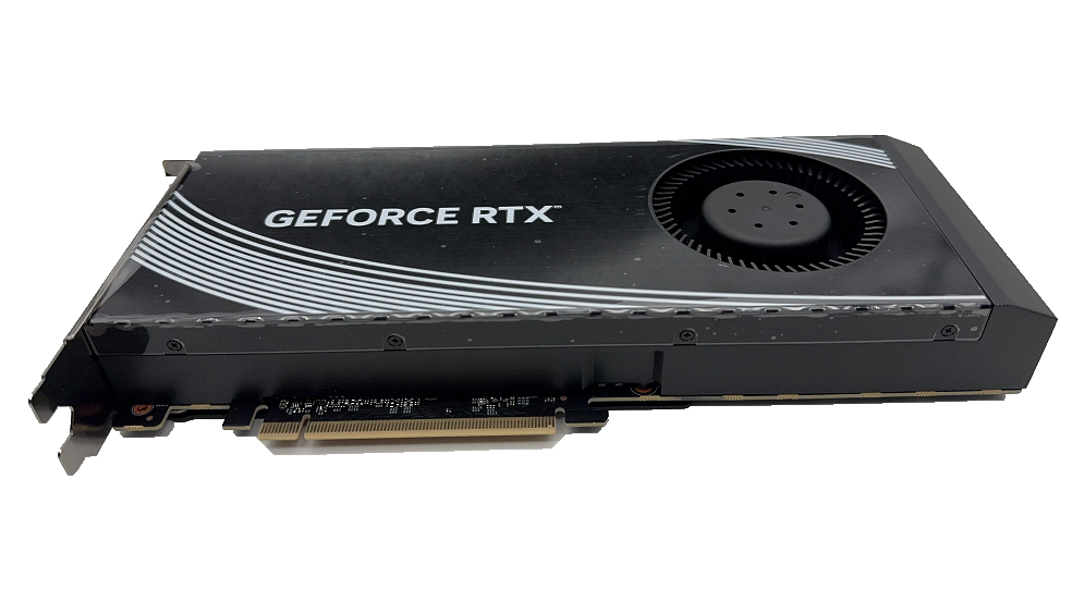 Modified GeForce RTX 4090 48GB blower graphics card, original oblique photograph showing the shroud and PCIe connector