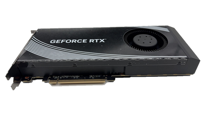 Modified GeForce RTX 4090 48GB blower graphics card, original oblique photograph showing the shroud and PCIe connector