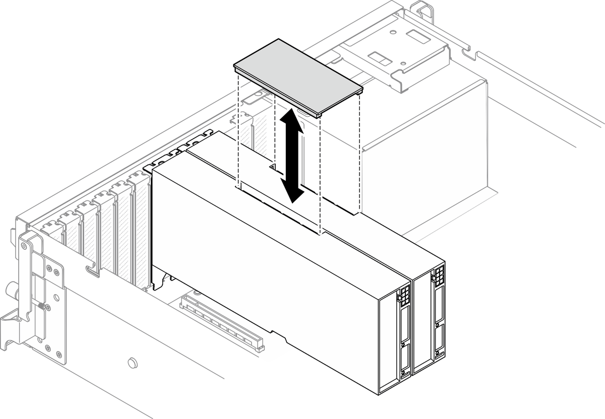 NVIDIA 2-way NVLink bridge being lowered onto two adjacent H200 NVL cards in a server, Lenovo installation drawing